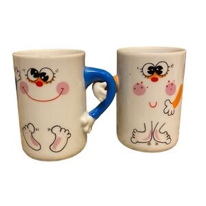Vintage Whimsical Papel People Linking Arms Mug Set 1976 70s Groovy Kitch Love